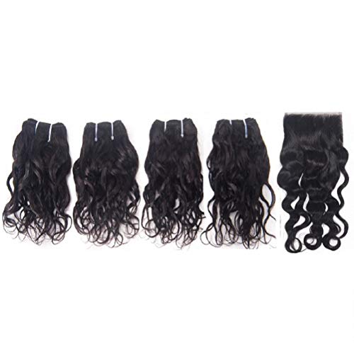 Brazilian Human Hair Curly Weave 4 Bundles With Lace Closure Free Part Virgin Unprocessed Remy 100 Hair Extensions 8A Grade Loose Italian Curl 50g/Pc Natural Black Color (12 12 12 12+12 Inch)