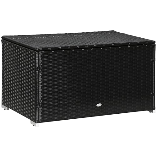 Outsunny Baule da Giardino in Rattan e Acciaio, Contenitore da Esterno con Coperchio 95x60x53cm, Nero