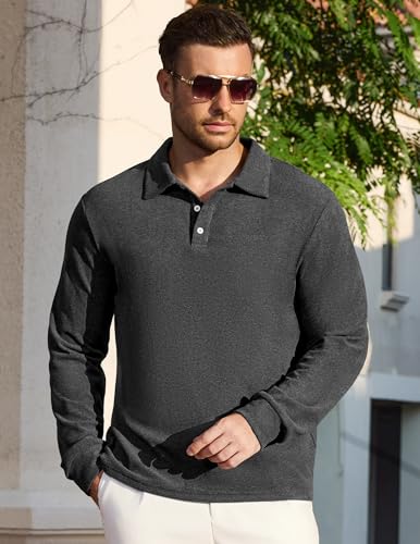 Long Sleeve Polo Shirts for Men Classic Button Golf Shirt Casual Collared Thermal Work Pullover Tops2