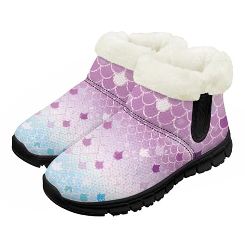 Pointodoor Fish Scale Pattern Girls Winter Boots Non Slip Ankle Booties Toddler Fashion Cozy Fleece Walking Tennis Shoes Slip On Snow Boots for Winter