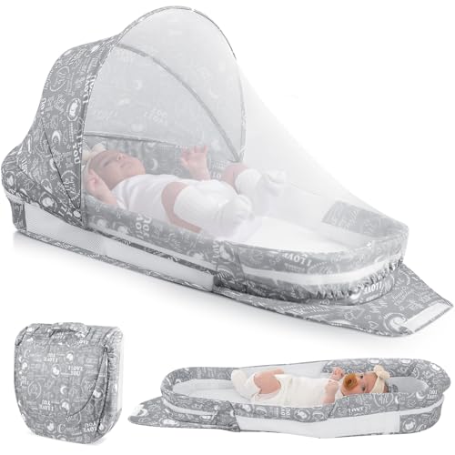 Image of Portable Baby Lounger Bag, Foldabl Babies Nest with 2-in-1 Removable Mosquito Net, Infant Travel Nest Lounger, Easy Setup and Storage for Outdoors Indoors - Baby Registry(Gray)