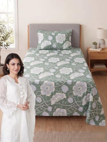 Image of Mafatlal 144 TC Fern Single Bed Sheet 90 x 60 Inch | Beautiful Printed Bedding | Soft Comfortable Material | Bedroom Bed Cover | Everyday Home Use | Pillow Cover Included|Eucalyptus Green