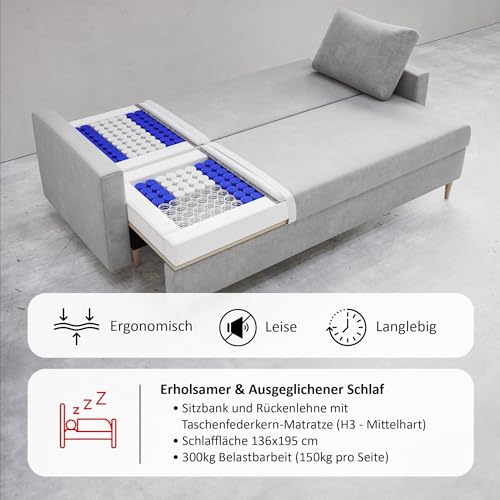 MOTIVENA Viena Sofagarnituren, 3 Sitzer Sofa mit Bettfunktion, Schlafsofa 215 cm Breit, Klappsofa mit Schlaffunktion, Bettsofa mit Schlaffunktion, Taschenfederkern (H3), Samt Sofa Grün (Dunkelgrün) – Bild 8