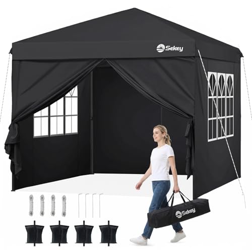 Sekey Pop Up Faltpavillon 3x3 mit 4 Seitenwänden Wasserdicht Stabil | Einfacher Aufbau, UPF 50+ UV Schutz, PU1000+ wasserdichtes Dach,Platz für 6–8 Personen, Schwarz