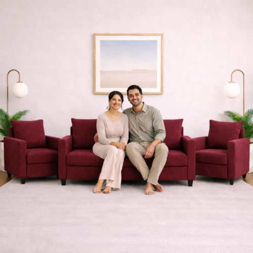 Image of Wood 3+1+1 Sofa Set 5 Seater | Velvet Fabric Upholstery | Wooden Frame Sofa Set with 3 Seater & 2 Single Chairs for Living Room, Home & Office (Mehroon)
