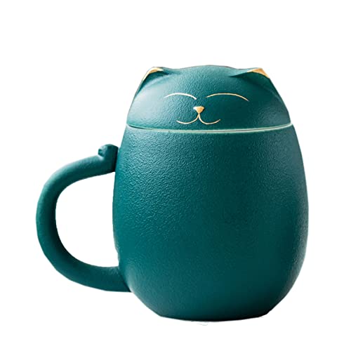 Duanmul Cat Mug Cute Ceramic Coffee Cup With Infuser And Lid,Filter For Steeping Loose Leaf,Kawaii Coaster,Novelty Morning Cup Tea Milk Christmas Mug Chinese Handmade Porcelain Teacup(Green） #TOP5