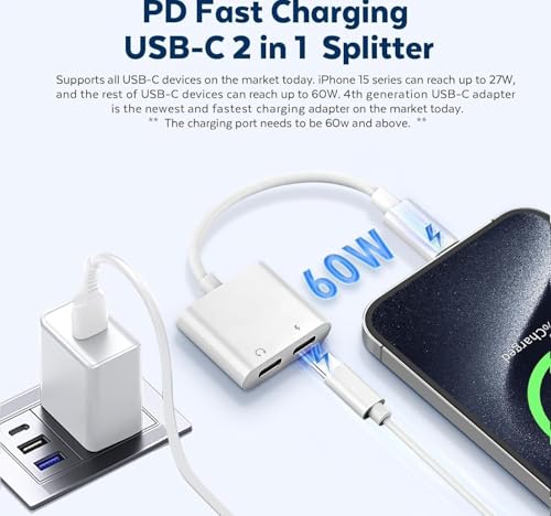 Image of Dual USB C Headphone & Charge Adapter 2in1 Type C Audio Cable Dongle PD 60W Fast Charging Support Call Music for iPhone 17 16 15 Series, Pixel 7 6 5, Galaxy S25 to S21 & All C Models-White