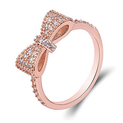 hsiyyecg Lovely Bow Ring for Women Rose Gold with Clear Cubic Zirconia Pave Bridal Statement Anniversary Engagement Wedding Promise Romantic Band Ring (US Code 7)