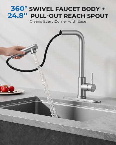 Image of WEWE 14.5-Inch Tall Stainless Steel Kitchen Faucet with Pull Out Sprayer, Brushed Nickel 360 Swivel Sink Faucet with Single Handle for Kitchen /Utility /Laundry /Bar Sink, 1 or 3 Hole
