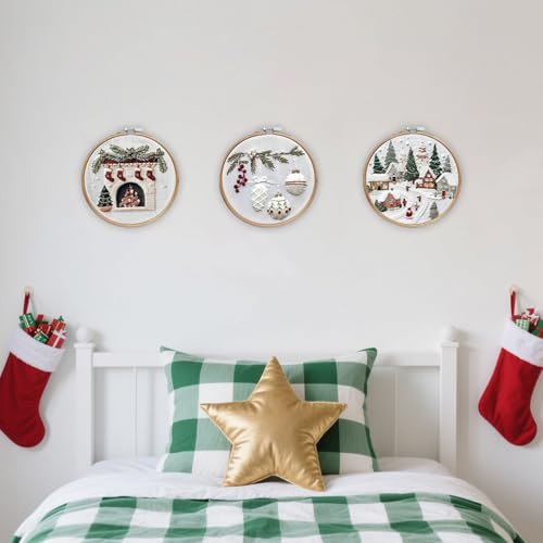 Image of LB Christmas Embroidery Kit for Beginners Adults, 3 Sets Hand Embroidery Starter Kit with Christmas Village and Instructions Stamped Cross Stitch Kits Include Embroidery Hoop Needles Threads Scissors