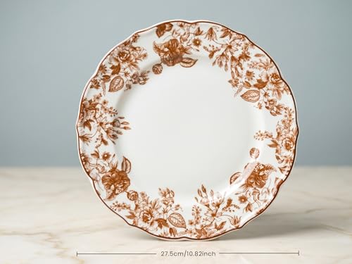 Image of Bodhi House 4-Piece Brown Leaf White Porcelain Dinner Plates Set | Lightweight, Chip Resistant, Microwave & Dishwasher Safe, Elegant Tableware