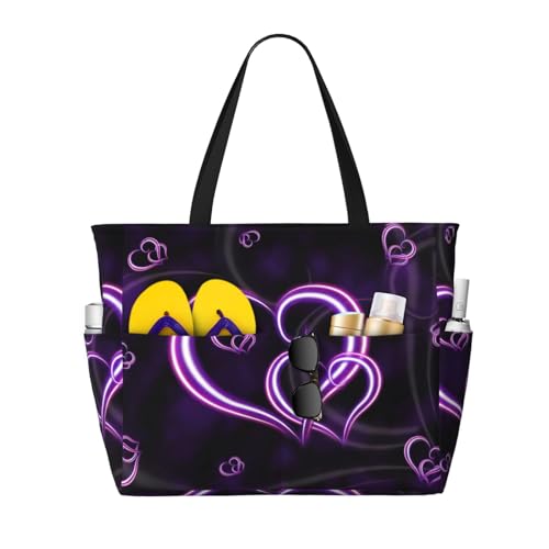 JEJEA Sac fourre-tout tendance avec imprimé cœurs violets - Grand sac à bandoulière - Sacs à main décontractés pour femme - Grande capacité - Sac de...