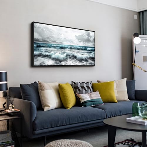 ERQINHUA Black And White Beach Canvas Wall Art For Living Room Wall Decoration For Bedroom Office Decor Blue Sea Wave Pictures Modern Hotel Room Home Decor Wall Painting Black Framed 20x40 In