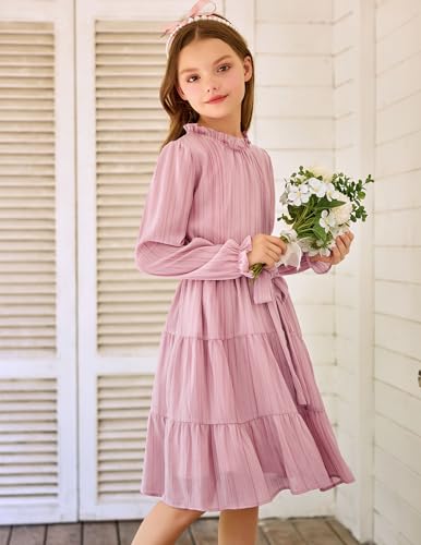 Arshiner Girls Long Sleeve Dress Tween Fall Formal Party Holiday Midi Tiered Flowy Swing Dresses with Belt 5-13 Y3