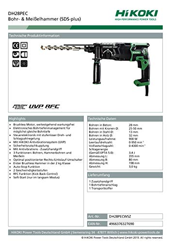 HiKOKI Bohr & Meißelhammer DH28PEC (900W, SDS-Plus, 4J, Elektronisches Bohrtiefenmanagement, RFC, Soft-touch, User Vibration Protection, Zubehör, im Transportkoffer) – Bild 5