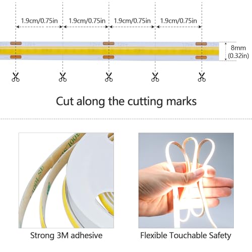 GOMING DC 12V COB LED Strip Light Natural White 4000K 16.4ft(5M) CRI 93+ Uniform Glow 312LEDs/M Flexible Not Waterproof IP20 LED Tape Lights for DIY Bedroom Kitchen Home Decor(No Power Supply) - Image 2