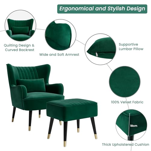 Vesgantti Velvet Armchair with Footstool and Lumbar Pillow, Modern Wing Back Accent Chair with Ottoman, Large Occasional Chair for Living Room Bedroom Study Room Office(Green) - 4