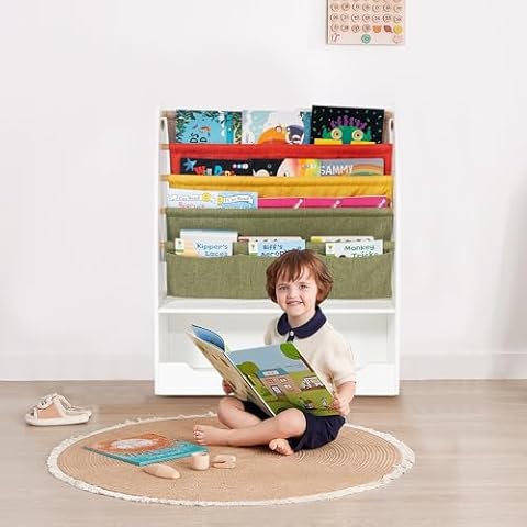 NEOCOZY Kids Bookshelf and Toy Storage, Book Shelf for Kids Rooms,4-Tier Baby Storage Display with Legs, 28.5'' Bookshelf for Kids, Toddler Bookshelf for Reading Area/Kids' Room, White Cover