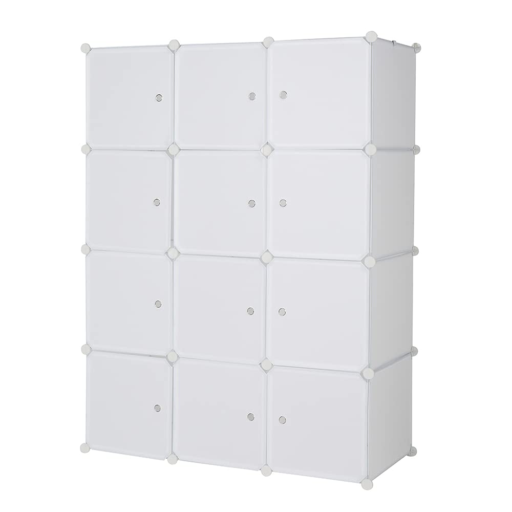 LEADZM Regalsystem, 12 Würfel, Kunststoff-Kleiderschrank mit Türen, Modulares Schranksystem zur platzsparenden Aufbewahrung, 105 x 45 x 140 cm, Weiß,