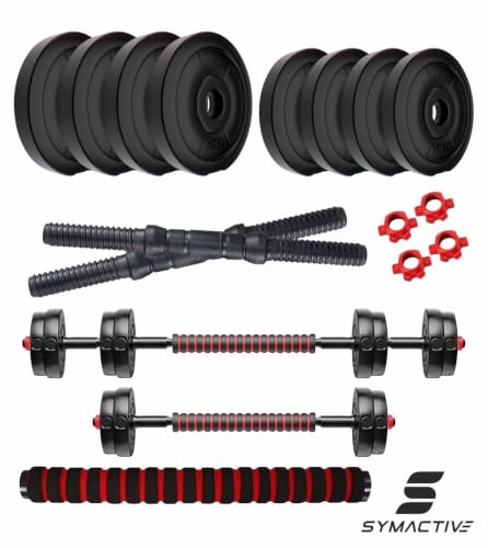 Image of Amazon Brand - Symactive Pvc 20 Kg 3-In-1 Convertible Dumbbells Fitness Kit For Full Body Workout(2 Kg X 4 + 3 Kg X 4 Pvc Weight,14'' Dumbbell Rods Pair&Nuts,1 Cushioned Connector Rod),Multicolor