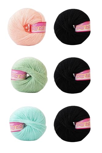 Image of Vardhman BabySoft Knitting Yarn | 100% Acrylic Wool | 4 Ply | Thin Knitting & Crocheting Hook Thread & Lightweight | Special Baby Wool | 150 Grams (6 Balls of 25g) | Machine Washable | Ideal for Blankets, Hats, Booties Ultra-Soft for Baby Sweaters, Blankets, Caps, Socks, Soft toys, Art & craft (Tropical Peach 12 + Black 21 + Pista Green 8 + Sea Green 3)