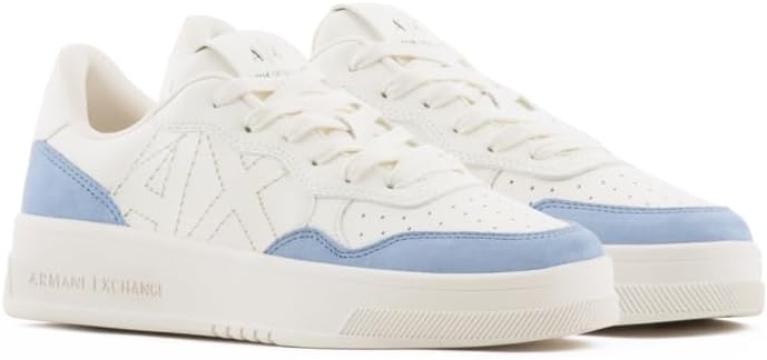 Armani Exchange Women's Seattle Suede Details Embroidered Logo, Off Wht/Blue/Off Wht, 8.5