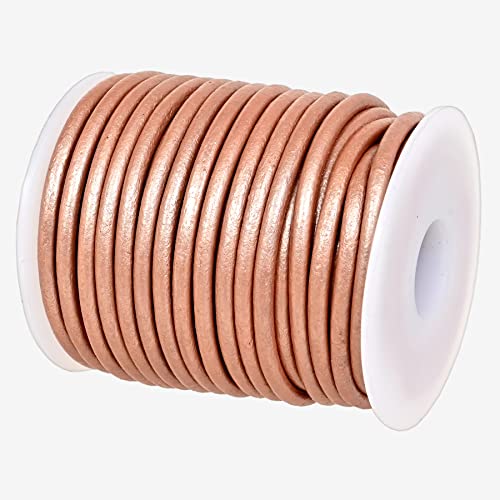 GENIQUE Real/Genuine Round Leather String Cord for Necklace, Bracelets, Jewelry, Kumihimo Braiding, DIY Projects (10 Metres) (3mm, Rose Gold Metallic)