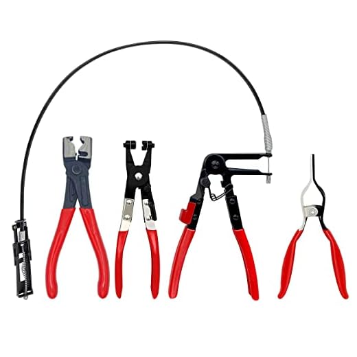 ESCULTORA 4PCS Hose Clamp Pliers, Spring Clamp Pliers, Self-Tightening Hose Clamps Remover Tool, Long Reach Wire Spring Hose Clamp Pliers for Automotive Fuel Oil Water Hose, Coolant Radiator Heater
