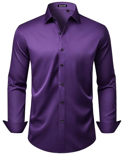 ROUWELL Purple Dress Shirt Men Long Sleeve Wrinkle Free Stretch Non Iron Business Dating Prom Button Down Shirts L