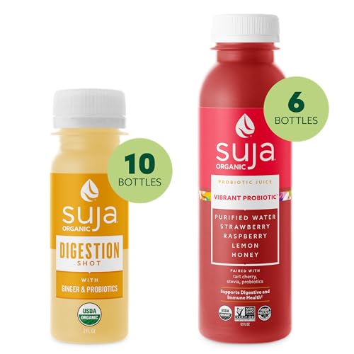 Image of Suja Organic Gut Health Shots and Juice Variety Pack | 10 Digestion Shots and 6 Vibrant Probiotic Juices | Plant-Based & Gluten Free (2 fl oz Shots /Pack of 10, 12 fl oz Juices /Pack of 6)