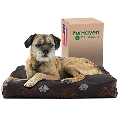 Image of Furhaven Water-Resistant Pillow Dog Bed for Small Dogs w / Removable Washable Cover - Indoor & Outdoor Garden Print Mattress - Bark Brown, Small