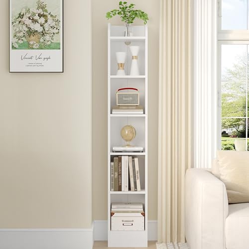Hzuaneri Bücherregal, 6-stöckiges Standregale, Aufbewahrungsregal, Regal für Sammlerstücke, Verstellbare Paneele, für Wohnzimmer, Büro, 24 x 30 x 169,5 cm Weiß BC06913X