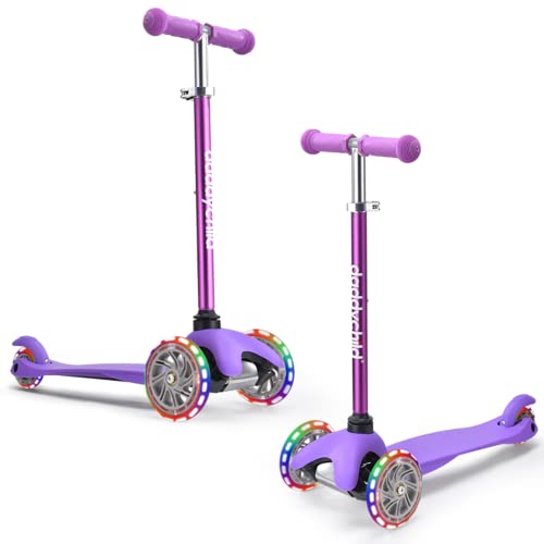 Image of 3-Wheel Kick Scooter for Kids Ages 3-8 Lean-to-Steer Toddler Scooter with Extra Wide Light Up Wheels, 4 Adjustable Heights, Foldable Scooters for Boys & Girls, Max Weight 110lbs (Purple)