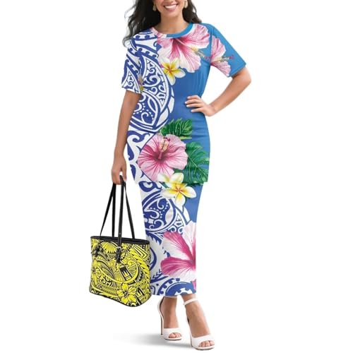 Image of Puletasi Samoan Traditional 2 Piece Outfits for Women Short Sleeve Crop Top and Maxi Skirt Sets Puletasi Dress