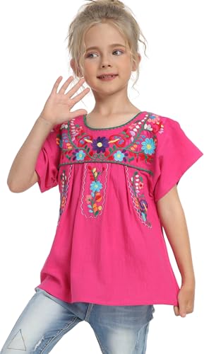 Image of YZXDORWJ Mexican Blouse for Girls Traditional Embroidered Summer Short Sleeve Peasant Blouse for Kids