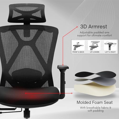 Image of Savvy Ergonomic Office Chair for Work | Multi-Lock Synchro Tilt Mechanism | 3 Year Warranty | 2D Armrest | Adjustable Lumbar | Black (Prejudice, Black - 3D arms, Seat Slider)