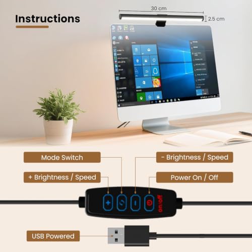 Image of 30 CM Monitor LED Light Bar | USB Powered Laptop Screen Light with Eye-Care Illumination | 3 Color Modes Settings | Stepless Dimming | No Glare Lamp for Office, Study, Work & Gaming Setup