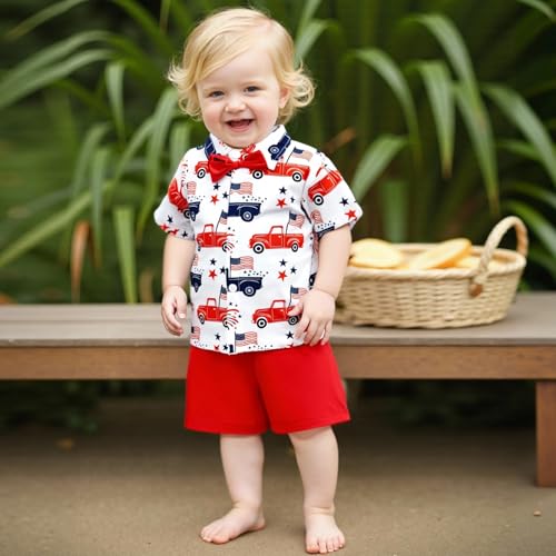 Toddler Boy Gentleman Outfit Trucker/Fireworks/Flag Print Button up Bow Tie Shirt and Shorts Set for Vacation2