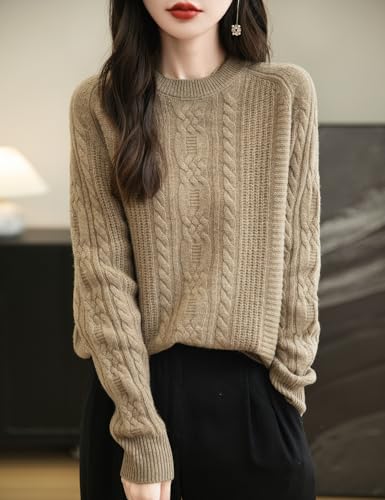 Image of Chanyarn Women's 100% Merino Wool Crew Neck Sweater 2025 Fall Winter Solid Cable Long Sleeve Warm Knitted Sweater