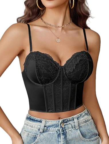 Avidlove Bustier Tops for Women V Neck Lace Bralettes Corset with Underwired Sexy Concert Crop Top Black