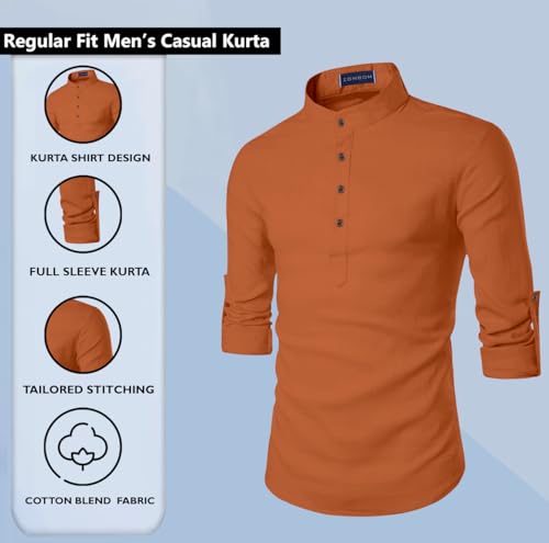 Image of Zombom Men's Cotton Blend Solid Casual Regular Fit Mandarin /Chinese Collor Short Full Sleeve Kurta for Men