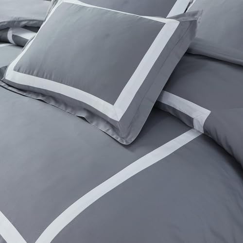 Majestic Giftware Madison Linen 8-Piece 44" Twin Size Bedding Set (BL3-44T-2) | Province Hotel Collection-Gray-White Tape 400 TC Cotton Sateen | 2 Fitted Sheets, 2 Duvets, 4 Pillowcases