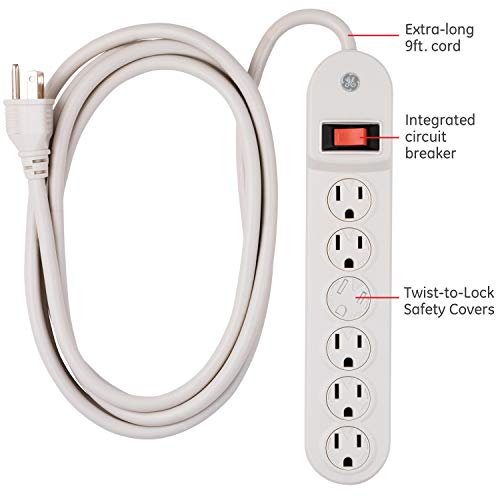 Ge 6-Outlet Power Strip, 9 Ft Extension Cord, Twist-To-Lock Safety Covers, Integrated Circuit Breaker, Ul Listed, White, 55253 #TOP1