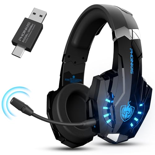 PHOINIKAS Gaming Headset Wireless, Type-C & USB Schnittstelle 2.4GHz Wireless Headset, Headset Mit Mikrofon Geräuschunterdrückung und 7,1 Stereo, für PC/PS4/PS5/Switch/Mac, 30H+ Akkulaufzeit