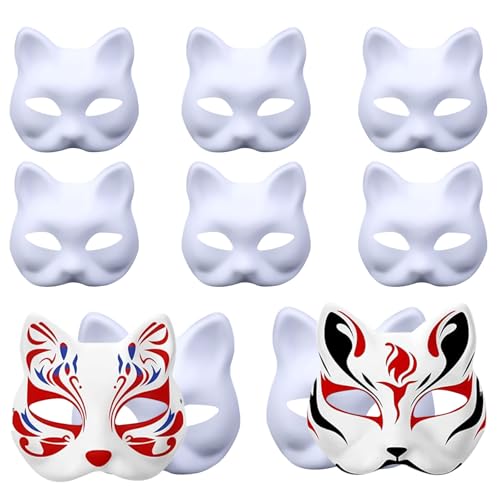 Ajuanbazha 10 peças branco Therian máscara, cat mask, DIY pintado à mão máscaras brancas, raposa máscara para festas de cosplay (gato)