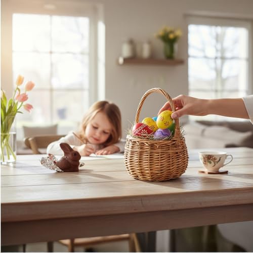 Creative Home Osterkorb Kleiner Weidenkorb mit Henkel | Klein 16 x 16 x 20 cm (+/- 2 cm) | Handgeflochtener, Geschenkkorb, Obstkorb, Bügelkorb | Naturfarbe | Osterkörbchen