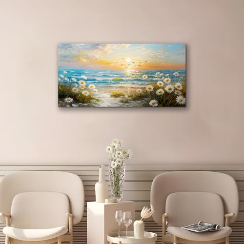 SERIMINO Large Canvas Wall Art Prints, Ocean Sunset Landscape Canvas Prints Paintings, Coastal Daisy Paintings Decor, Seaside Wildflowers Wall Decor for Bedroom Living Room Dining Room 20"X40"