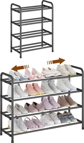 Image of KANAV 4-Tier Expandable Shoe Rack - Adjustable Shoe Organizer & Shoe Storage for Closet, Entryway, and Front Door - Space-Saving Shoe Shelf and Rack Organizer for Home - Black