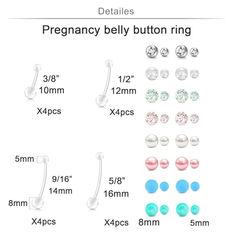Longita Plastic Pregnancy Belly Button Rings Long Bar Navel Rings for Maternity Sport Pregnant Women Flexible Clear Belly Piercing Retainer Different Length bar and Balls for Replacement 10-32mm2