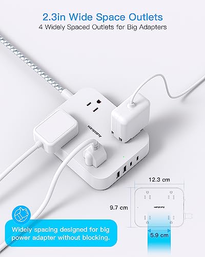 Flat Plug Extension Cord, HANYCONY 5ft Power Strip with 4 USB Ports, 4 Widely Outlets Extender, Wall Mount, Desk Chargin - Additional View